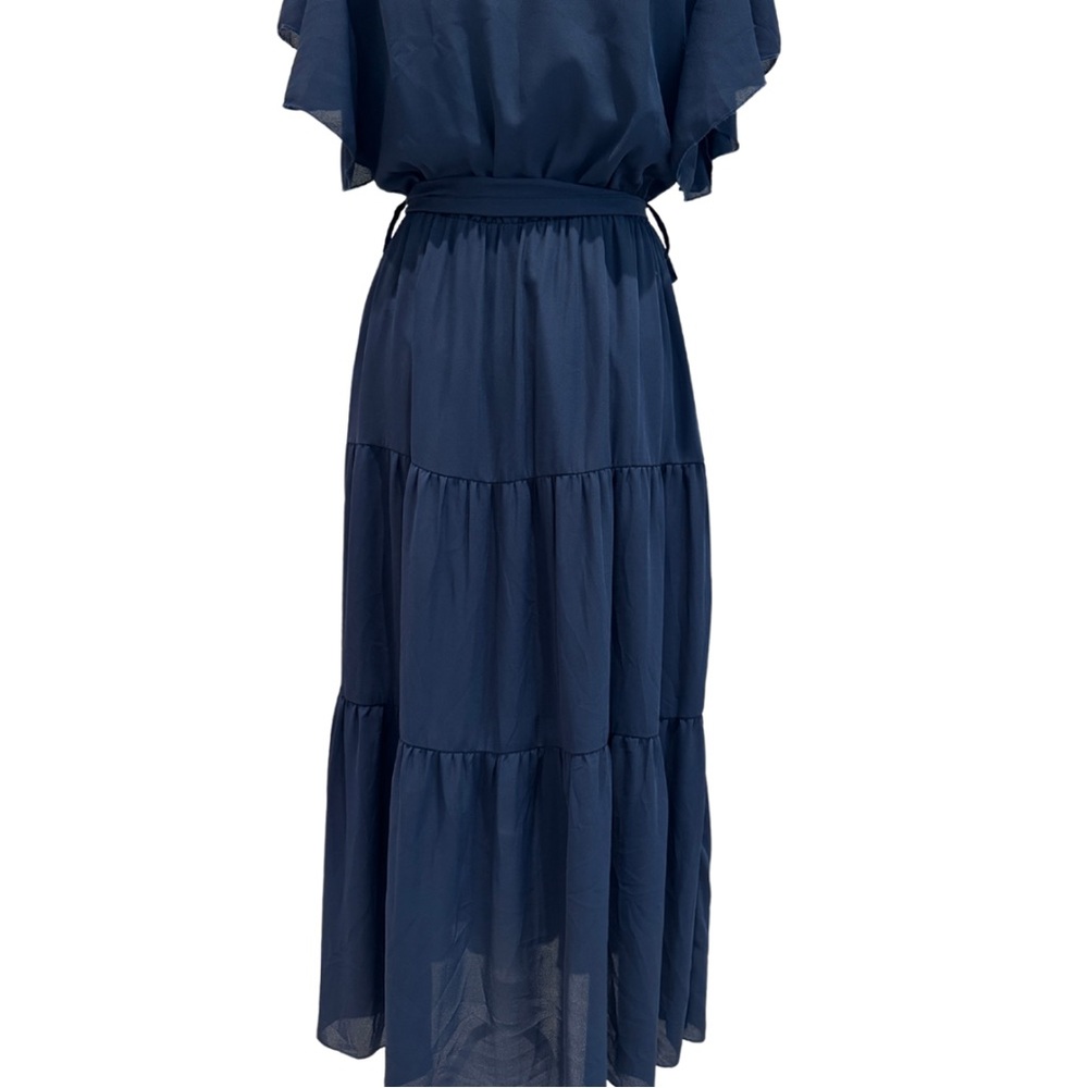 NWOT Navy Blue Flowy Midi Dress | Ruffle Sleeves + Elastic Waist (M) - Picture 10 of 13